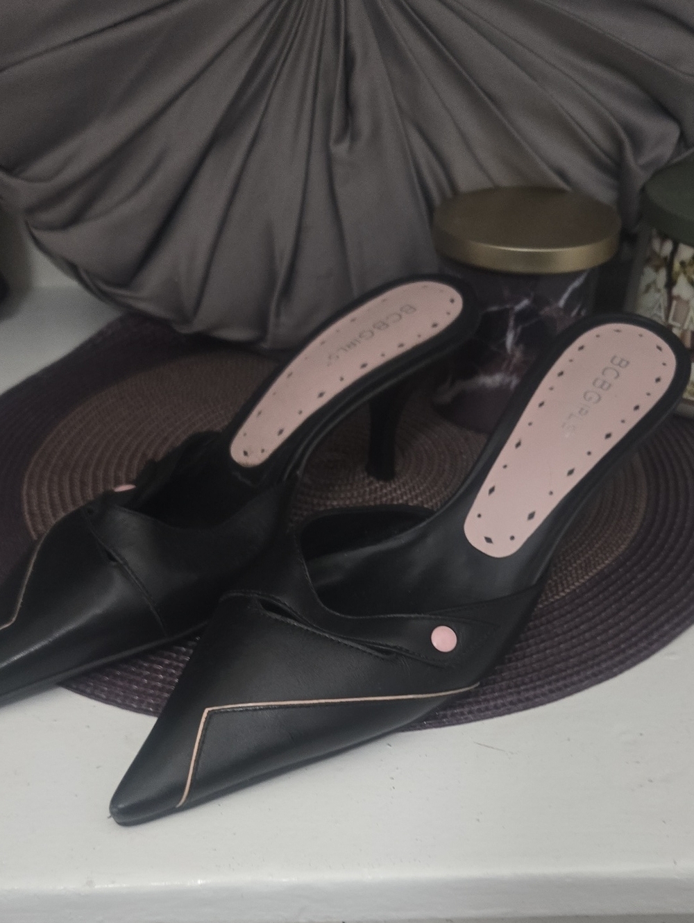 BCBG Black Pointed-Toe Mule Heels with Pink Insole and Accent